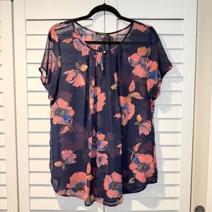 Papermoon Floral Sheer Blouse XXL Navy Blue Coral Poppy Pleated Keyhole Top